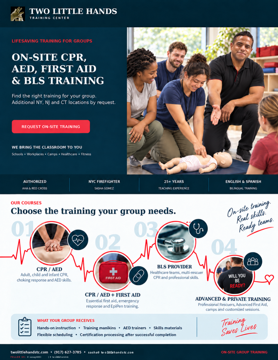 Two Little Hands on-site CPR, AED, First Aid and BLS training brochure